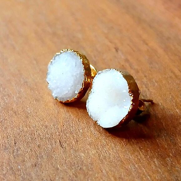 White Druzy Stud Earrings, Gold Posts, Boho Crystal Quartz - Picture 2 of 4